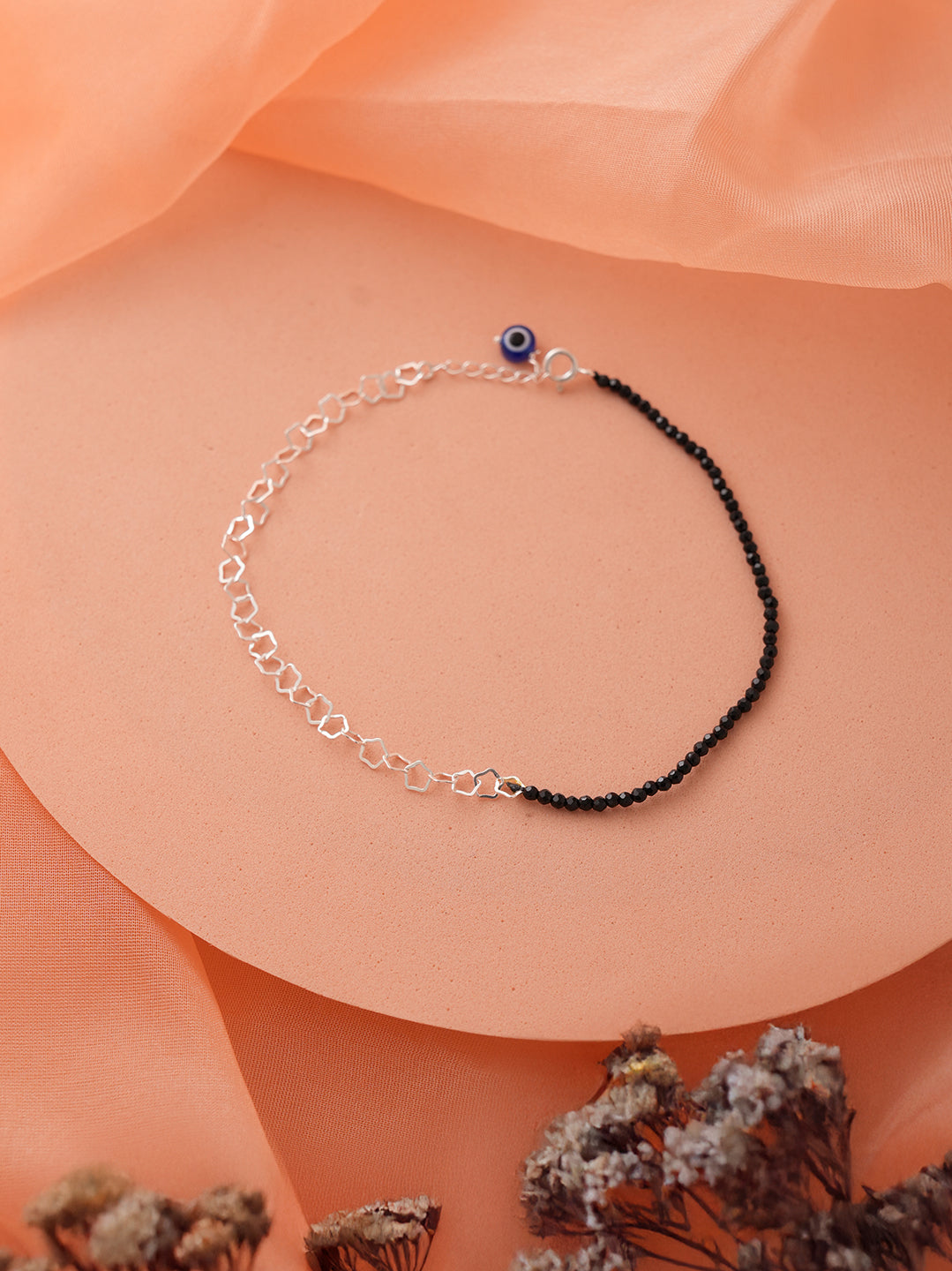 925 Sterling Silver Black Beads Evil Eye Charms  Designer Handcrafted Anklet Payal