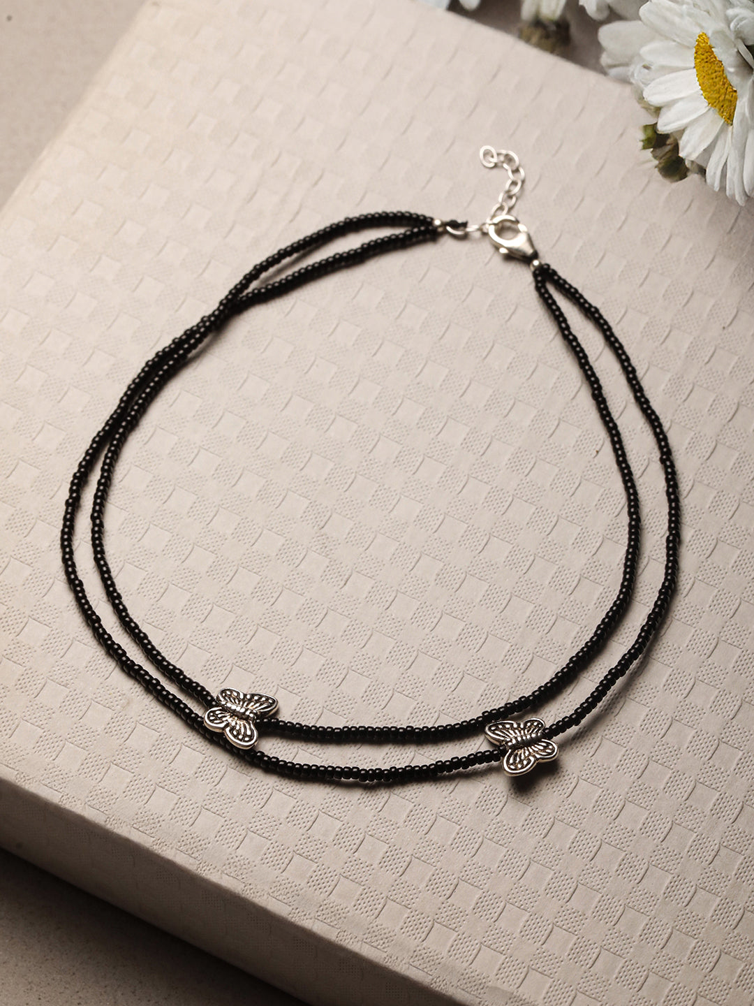 925 Sterling Silver Black Beads Butterfly Charms Payal Anklet