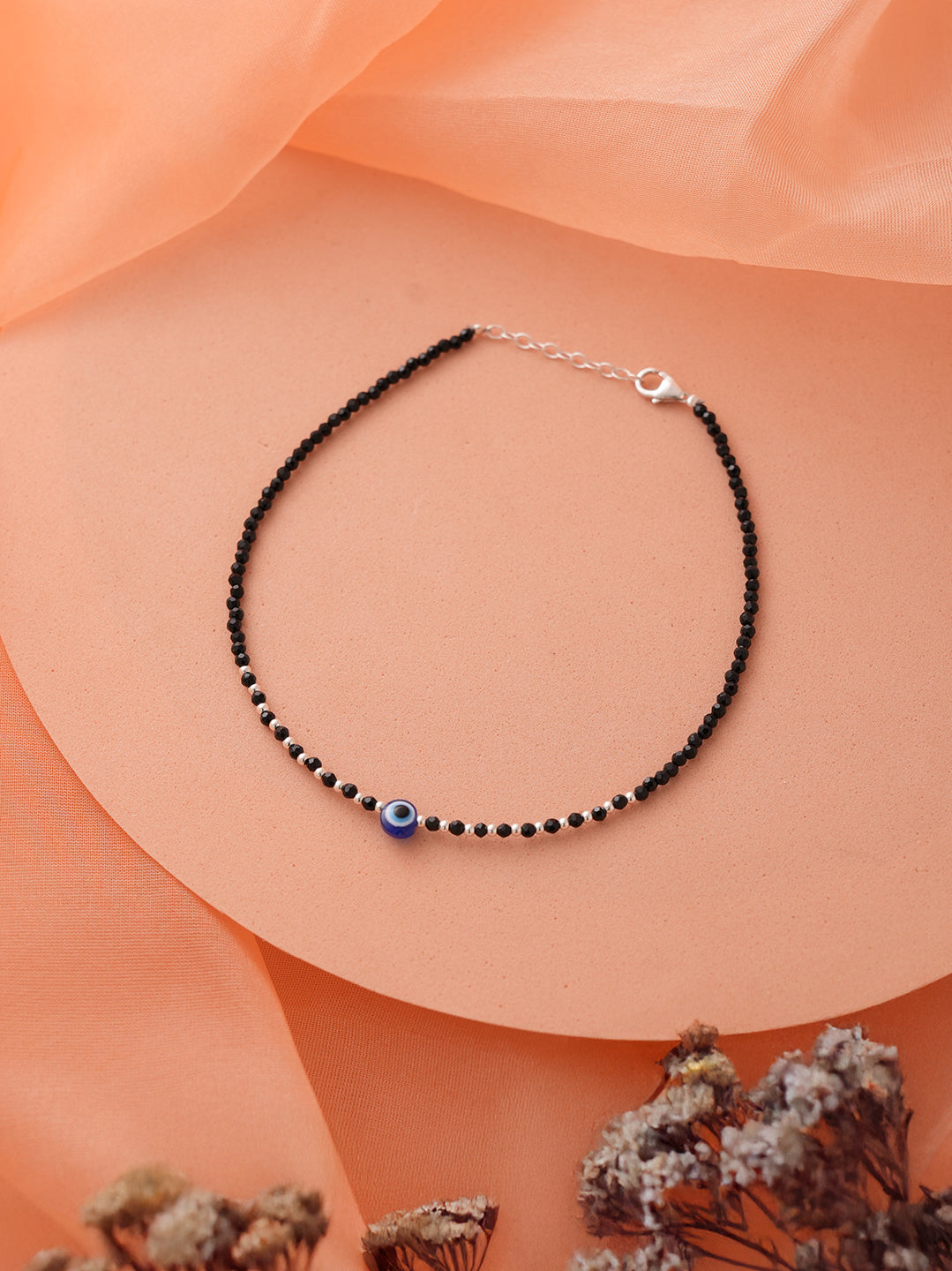 925 Sterling Silver Black Crystals & Evil Eye Charms Nazar Delicate Payal Anklet