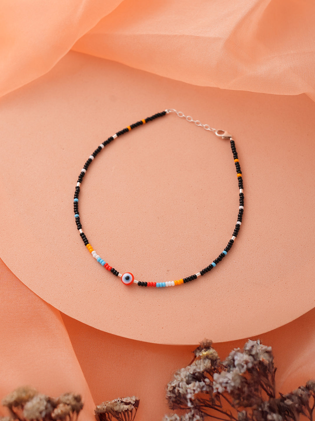 925 Sterling Silver Red & Multicolored Evil Eye Designer Delicate Payal Anklet