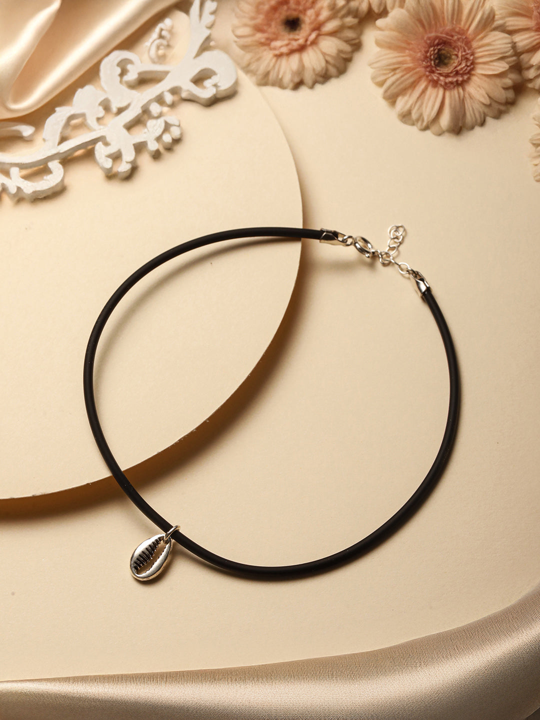 925 Sterling SilverRhodium Silver Seashell Black Thread  Minimal Anklet