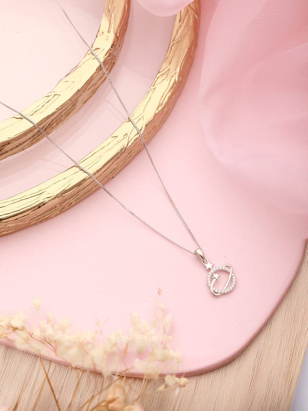 925 Sterling Silver CZ Studded Delicate Orbital Star Pendant necklace & Chain