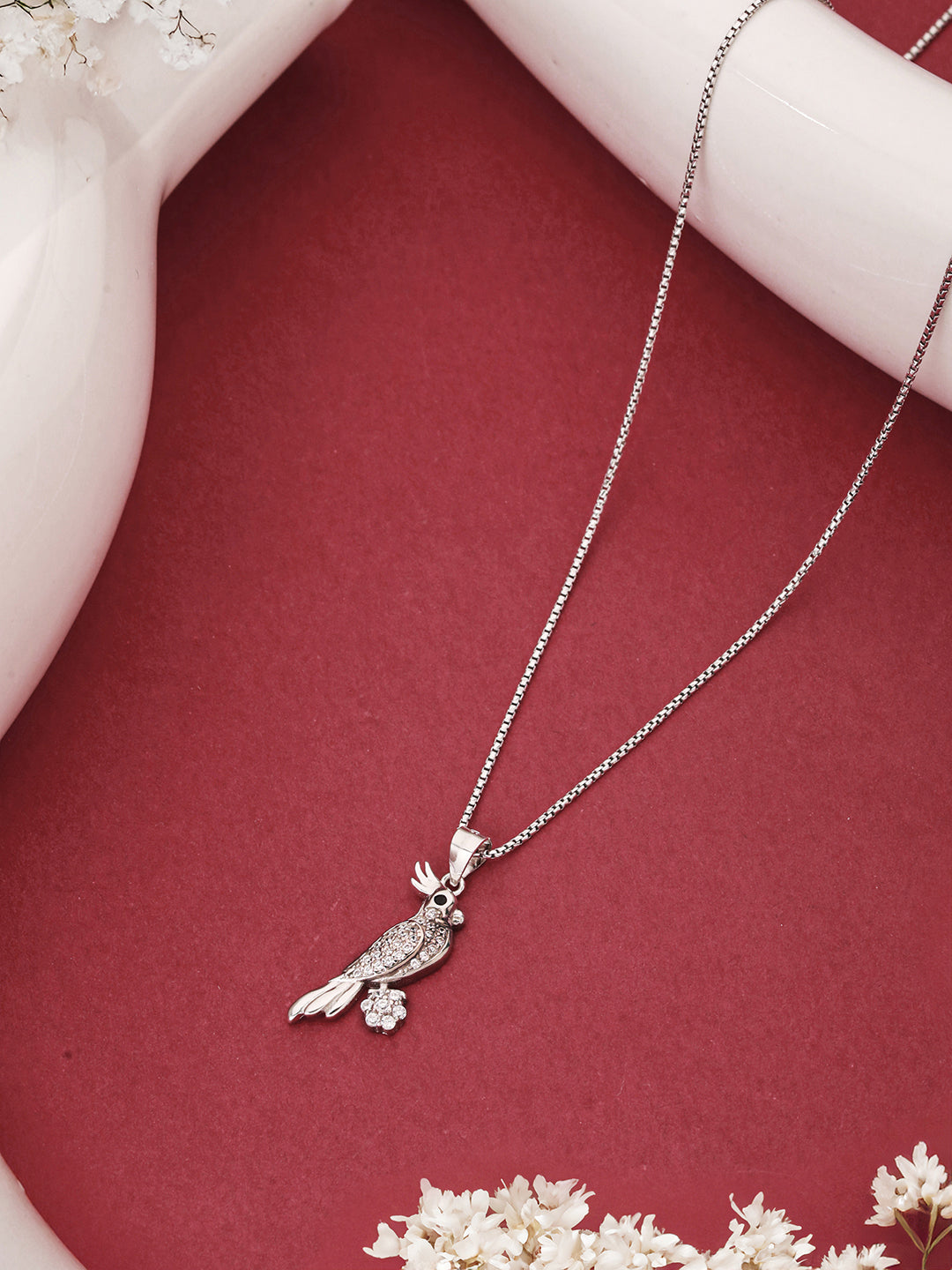 925 Sterling Silver CZ Studded Bird Shaped Charms Pendant Necklace & Chain