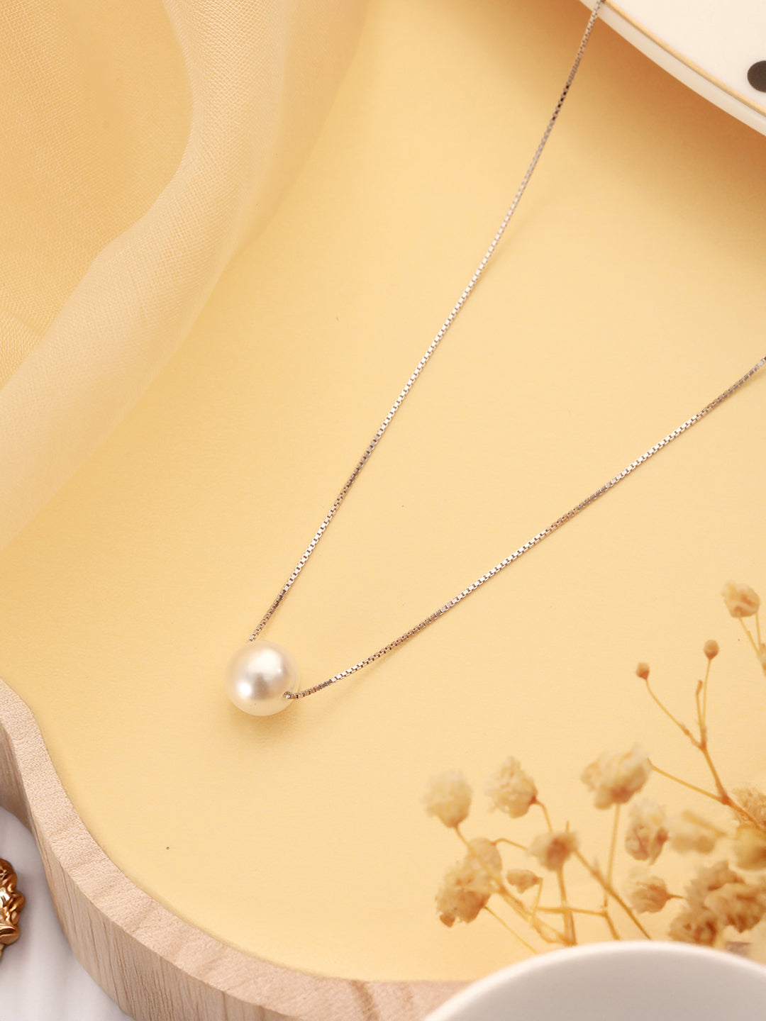 925 Sterling Silver Freshwater Faux Pearl Rhodium Plated Necklace & Chain