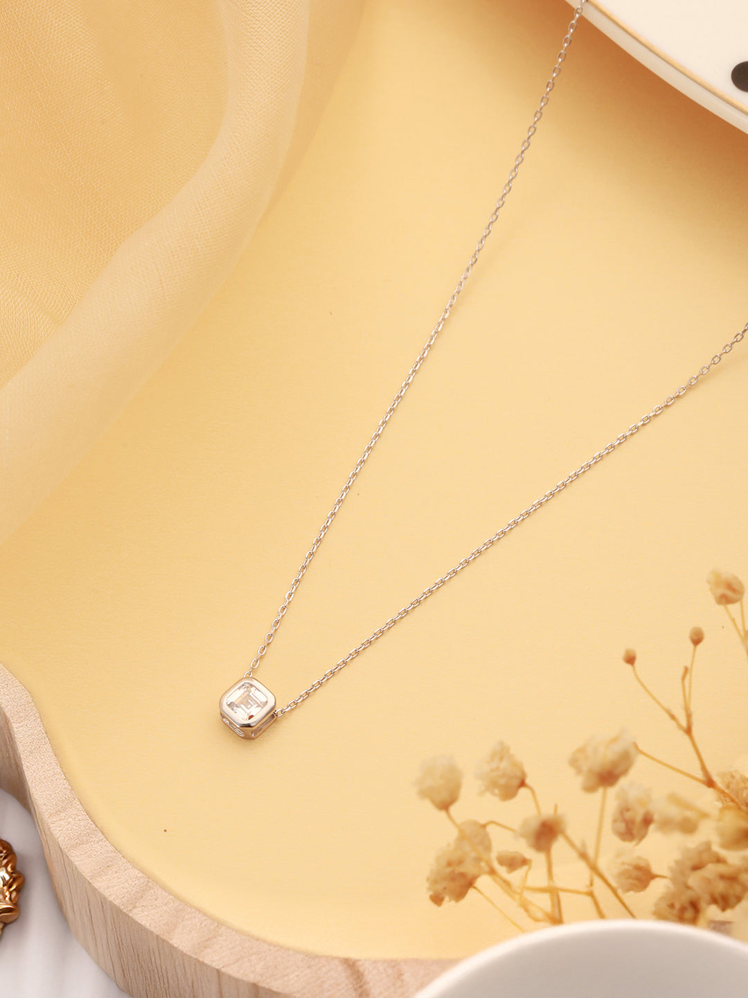 925 Sterling Silver Rhodium Plated Halo Square  Solitaire Minimal Pendant Necklace & Chain