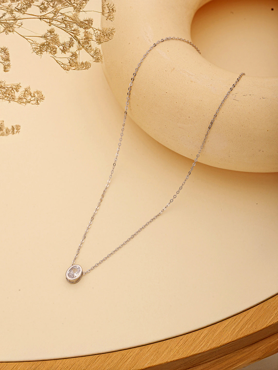 925 Sterlling Silver CZ Studded Oval AD Solitaire Pendant Necklace & Chain