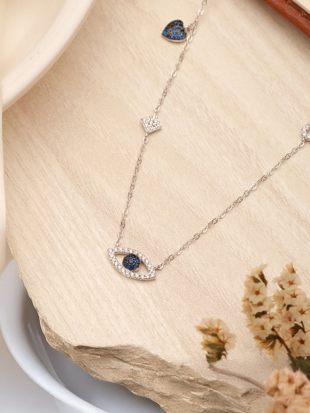 925 Sterling Silver Turkish Blue Evil Eye With heart Charms Statement Protection Pendant Necklace & Chain