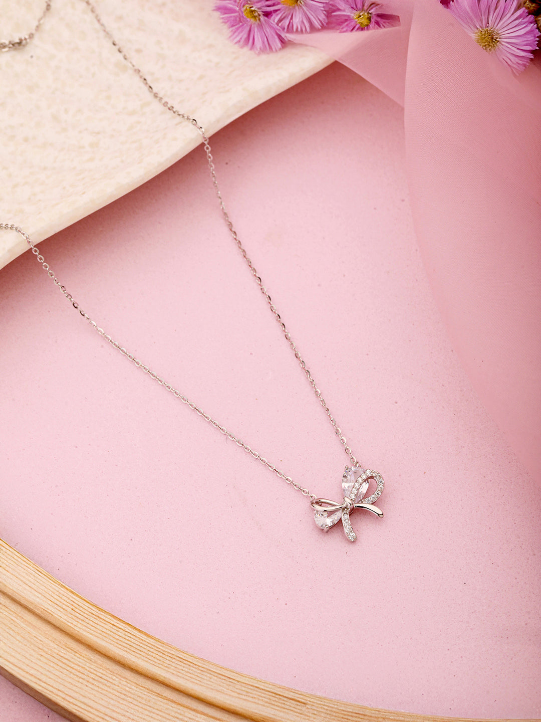 925 Sterling Silver AD Studded Minimal Bow Delicate Pendant Necklace & Chain