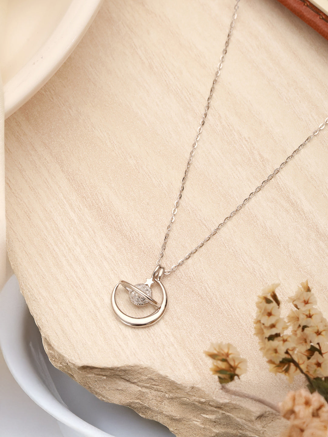 925 Sterling Silver Rhodium Plated Zircon Studded Saturn Cosmic Pendant Necklace & chain