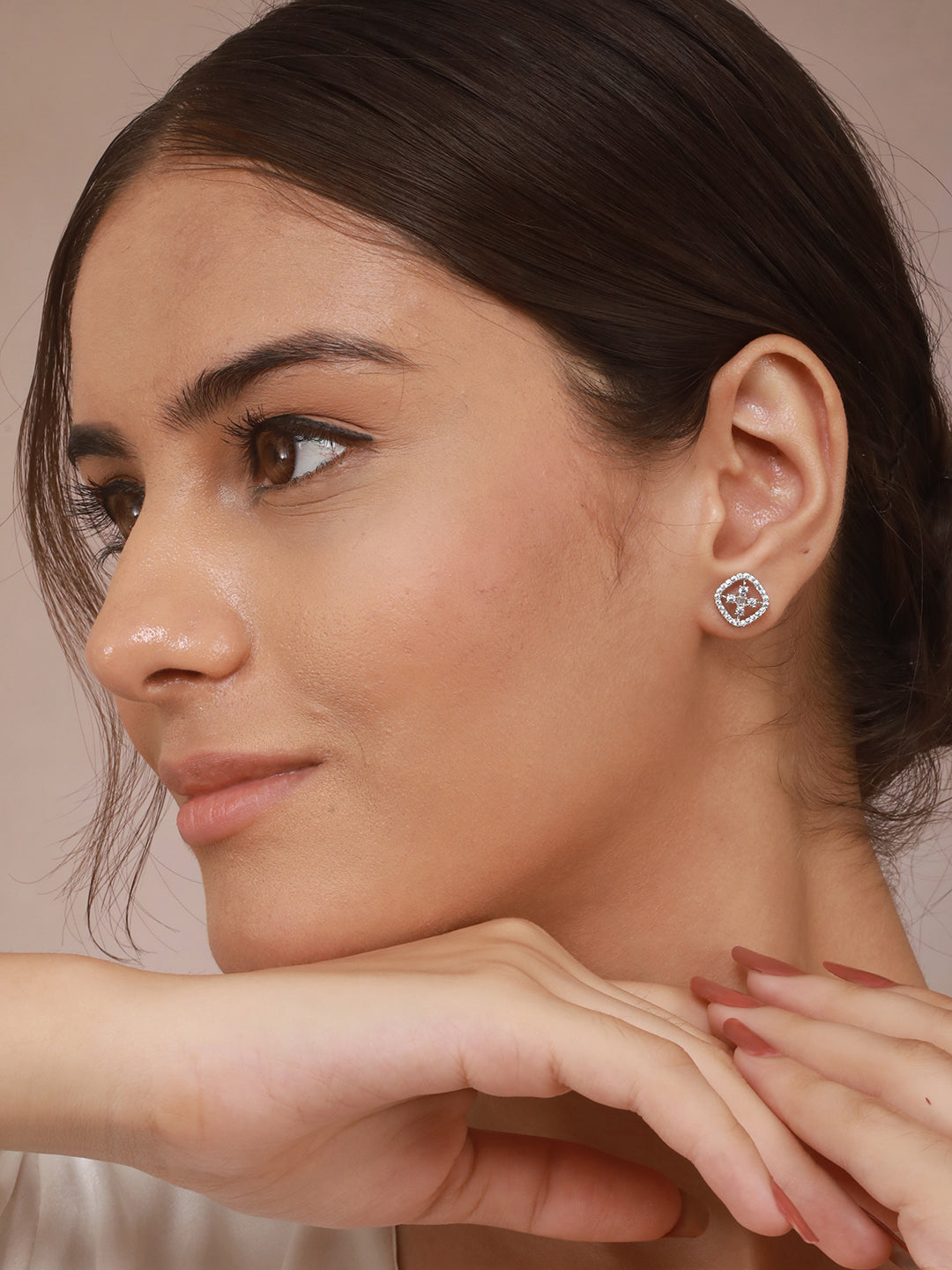 925 Sterling Silver Rhodium Plated Baguette Shaped CZ Square Floret Earrings