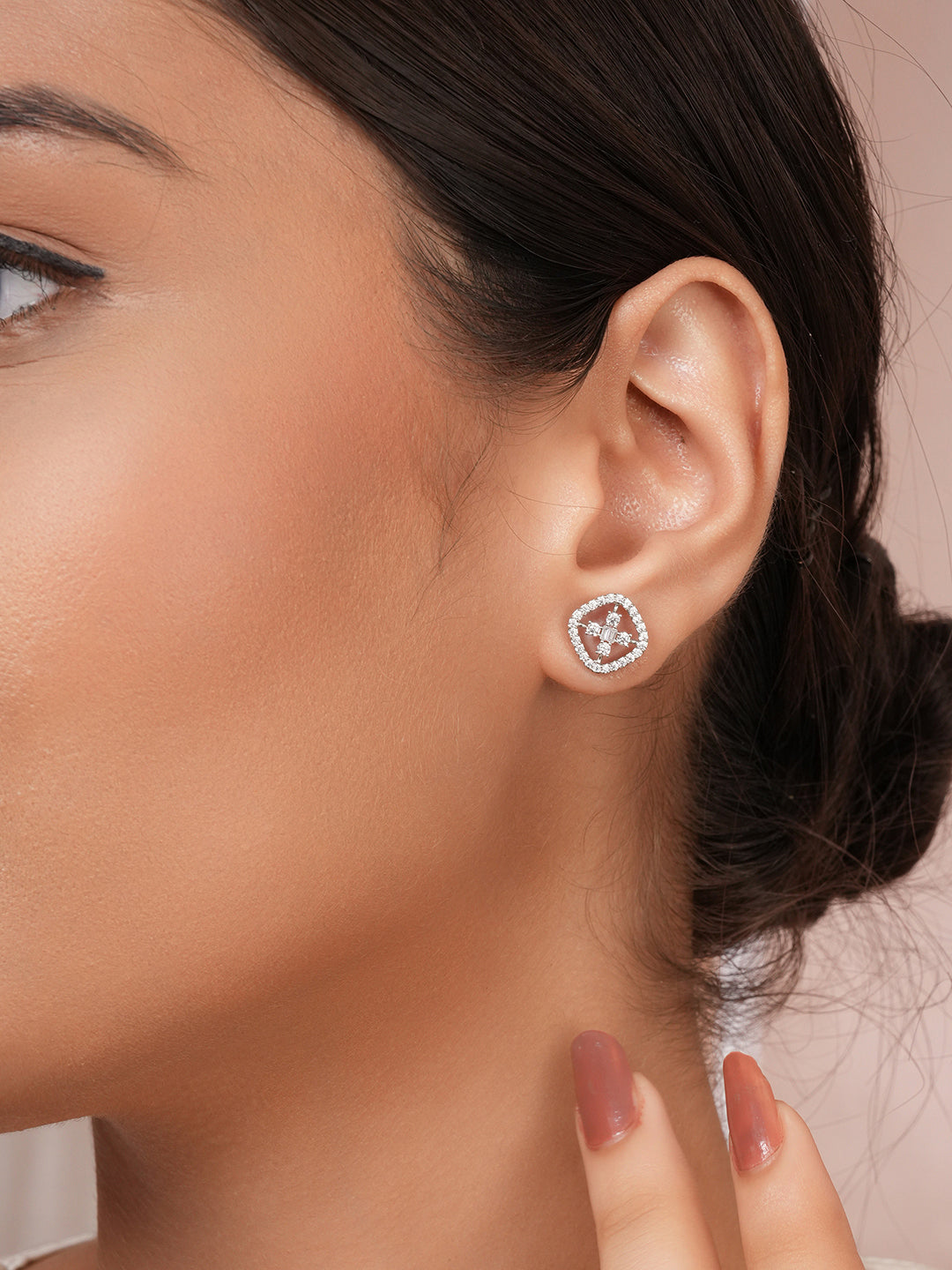 925 Sterling Silver Rhodium Plated Baguette Shaped CZ Square Floret Earrings