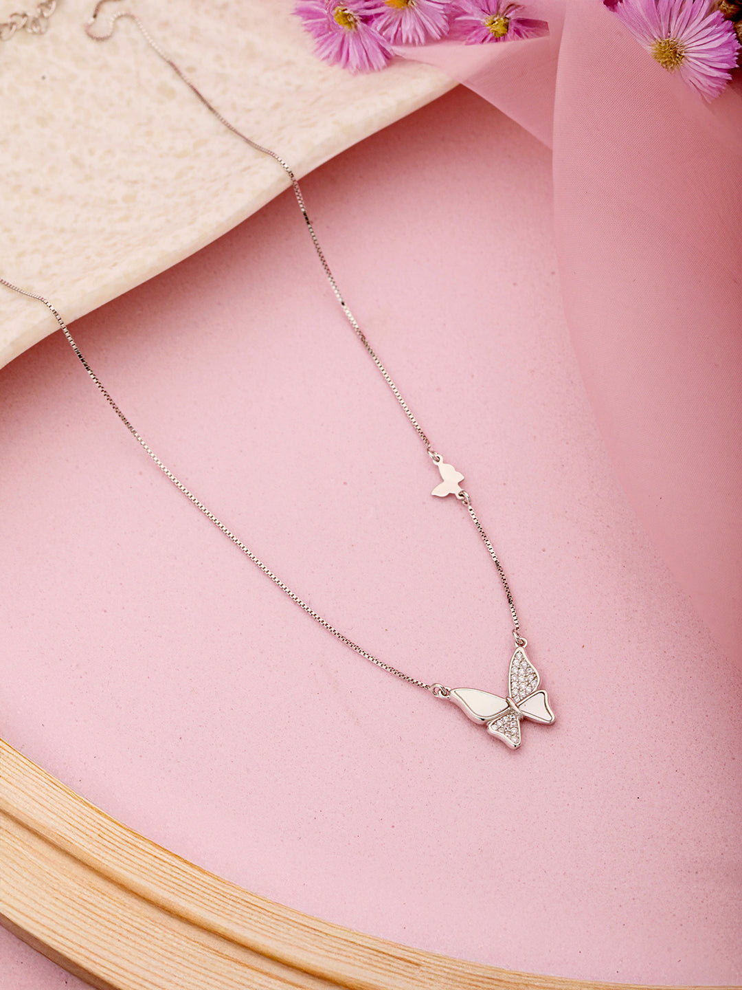 925 Sterling Silver CZ Studded Butterfly Pendant Minimal Necklace & Chain