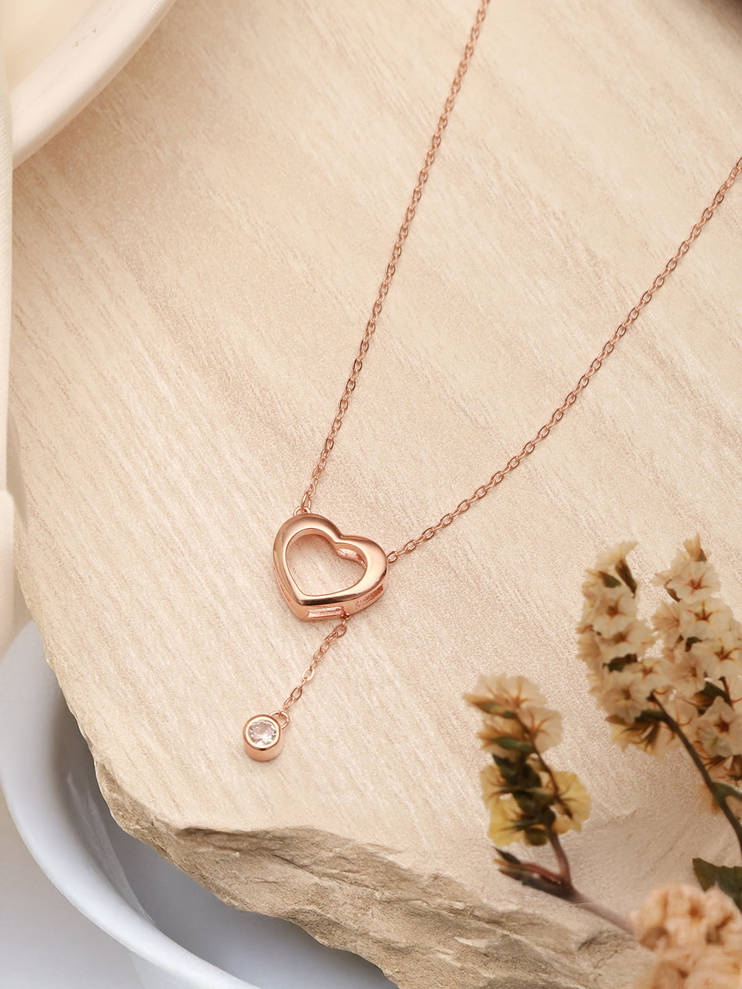 925 Sterling Silver Rose Gold Plated Minimal  Charms Heart Pendant Necklace & Chain