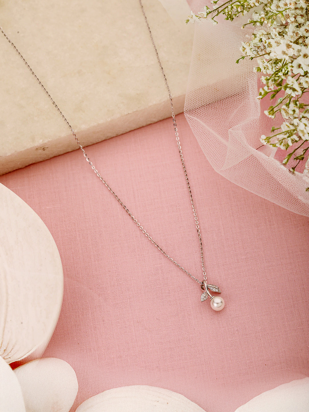 925 Sterling Silver Rose Gold Plated CZ & Pearl Beaded Leafy Minimal Pendant Necklace & Chain