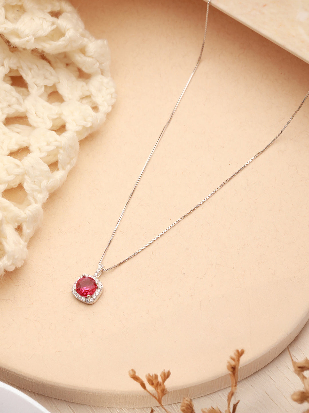 925 Sterling Silver Ruby Red Zircon Square Halo Love Pendant Necklace & Chain