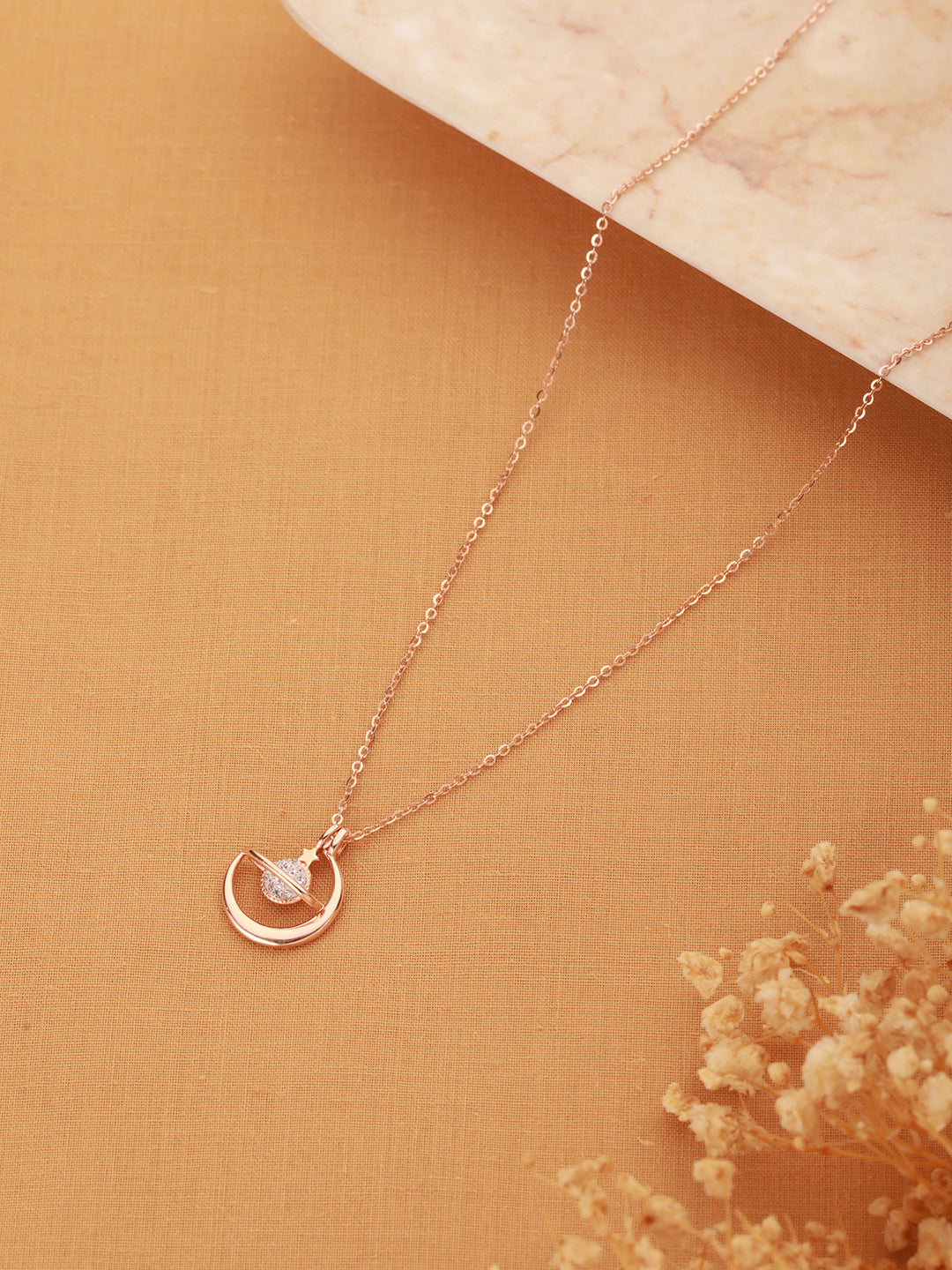925 Sterling Silver Rose Gold  Plated CZ Studded Minimal Orbit Pendant Necklace & Chain