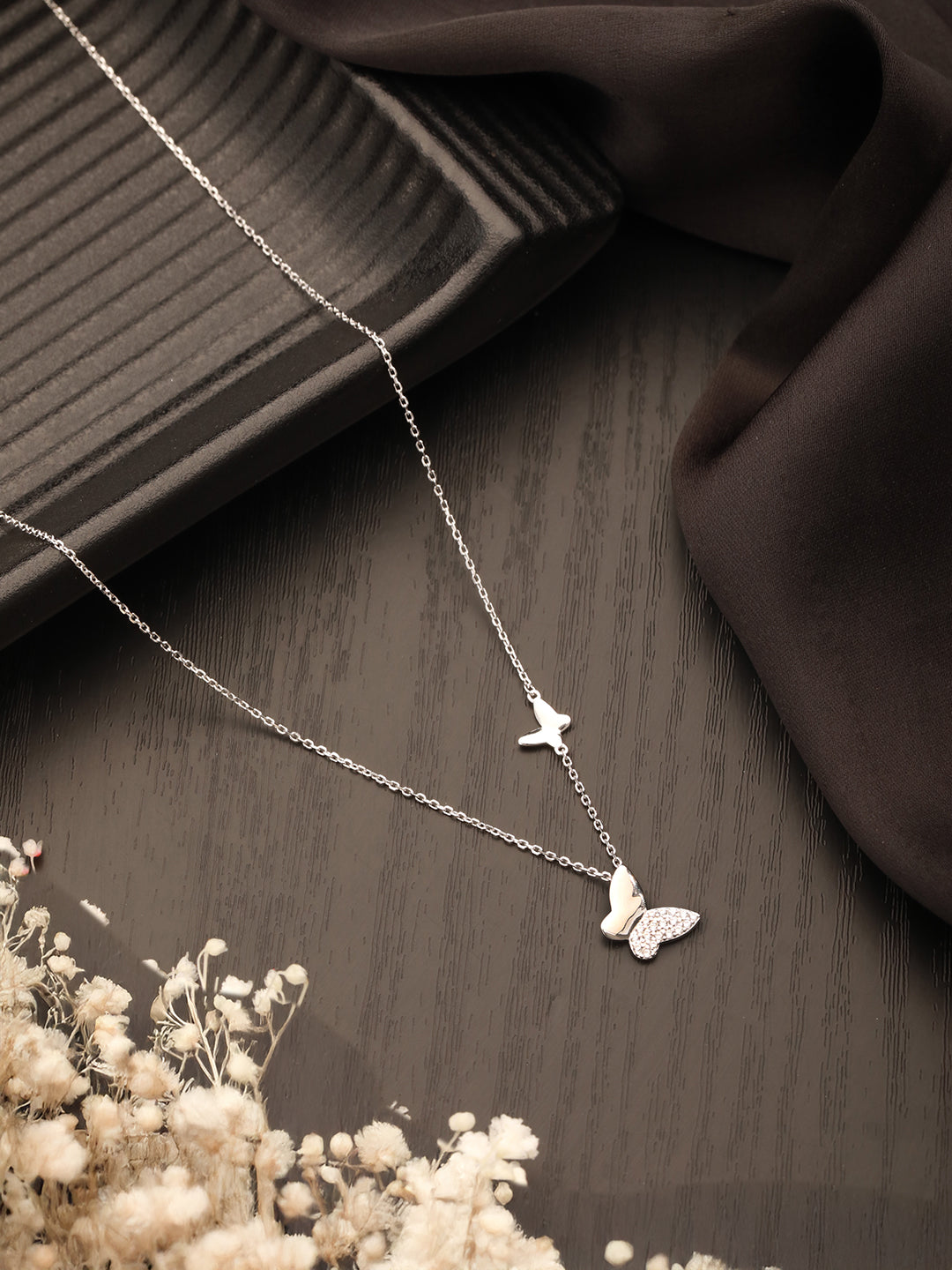 925 Sterling Silver Zircon Studded Butterfly Charm Pendant Necklace & Chain