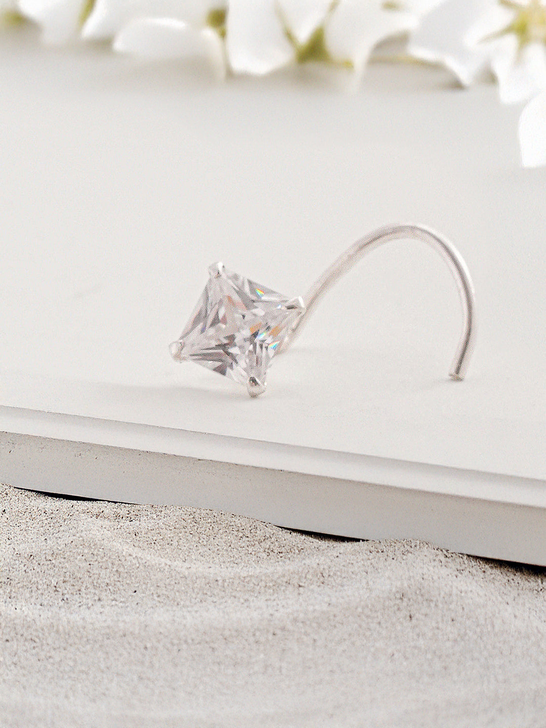 925 Sterling Silver Princess Cut AD  Square Solitaire Studd Nose Ring