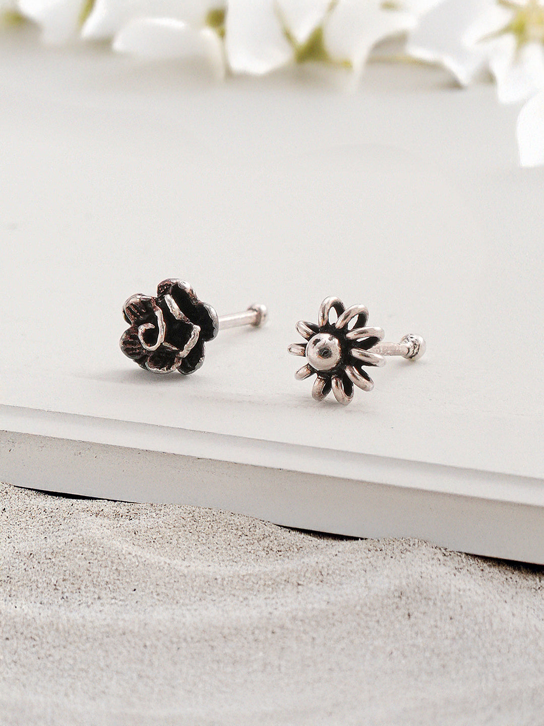 Combo of 2 Nose Pin 925 Sterling Silver Oxidised Rose & Flower Studds Nose Pin