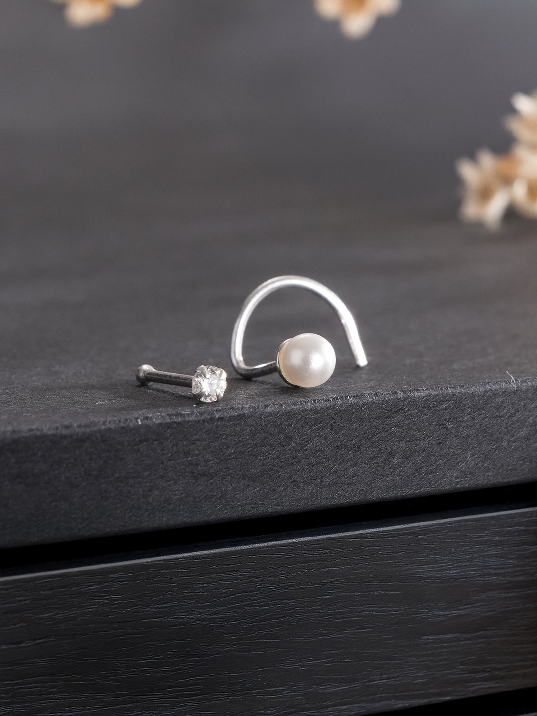 Combo of 2 Nose Pin 925 Sterling Silver AD & Pearl Studds Nose Pin