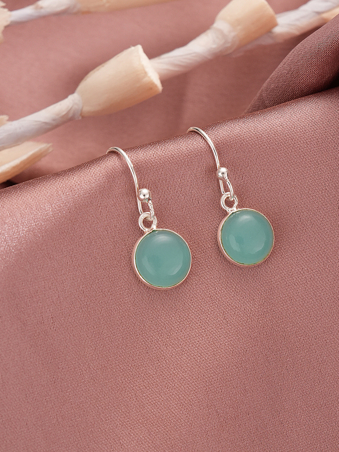 925 Sterling Silver  Mint Green Aqua Stone Studded Minimal Handcrafted Drop Earrings