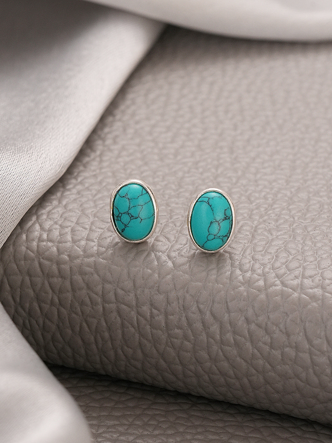 925 Sterling Silver Turquoise Stone Studded Oval Minimal Stud Earrings