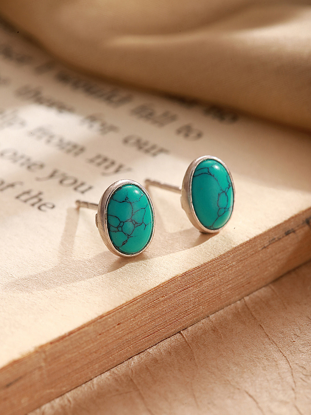 925 Sterling Silver Turquoise Stone Studded Oval Minimal Stud Earrings
