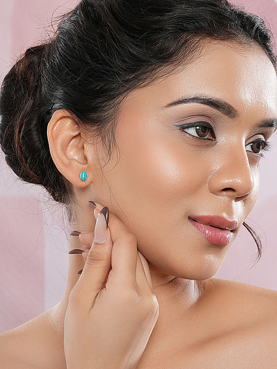 925 Sterling Silver Turquoise Stone Studded Oval Minimal Stud Earrings