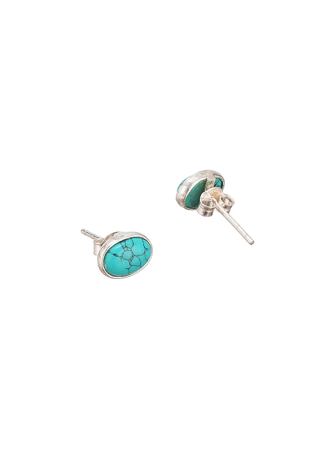 925 Sterling Silver Turquoise Stone Studded Oval Minimal Stud Earrings