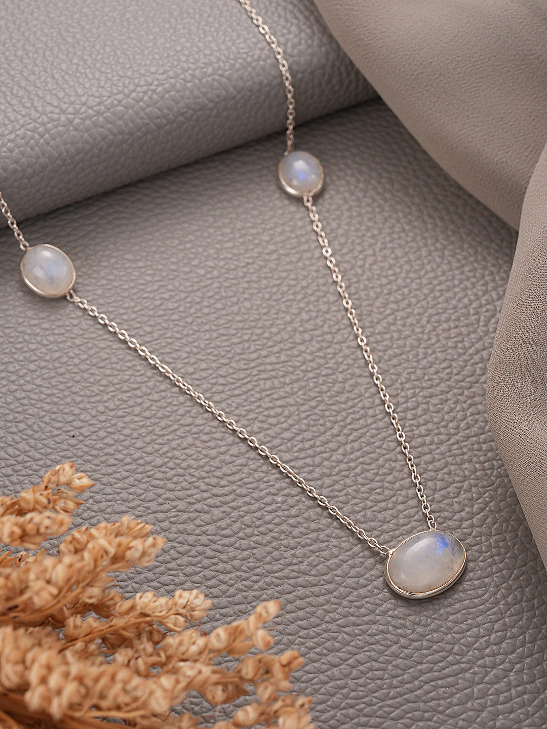 925 Sterling Silver White Moonstone  Gemstone Studded Minimal Boho Necklace & Chain