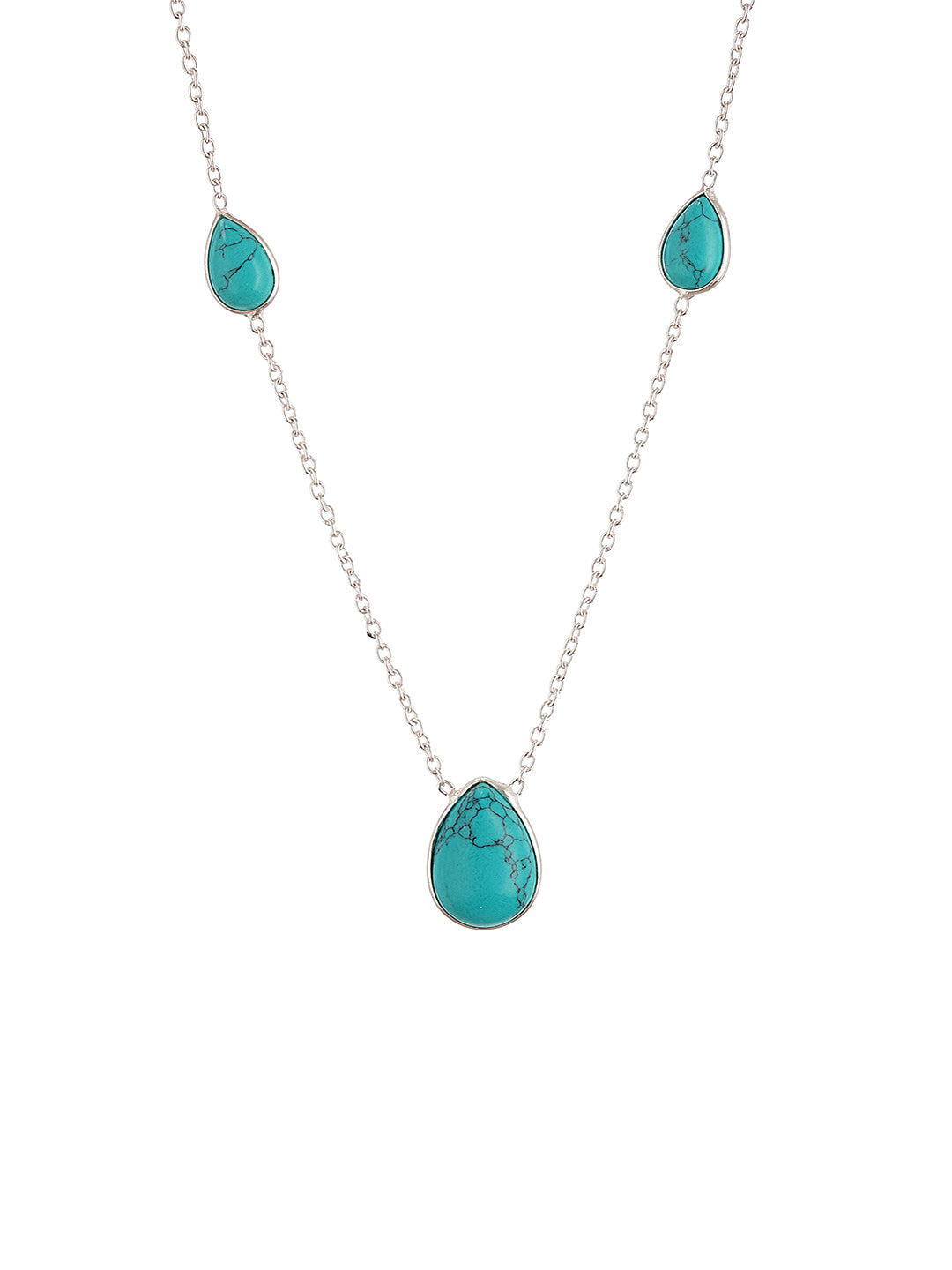 925 Sterling Silver Turquoise Teardrop Stone Studded Minimal Boho Necklace & Chain