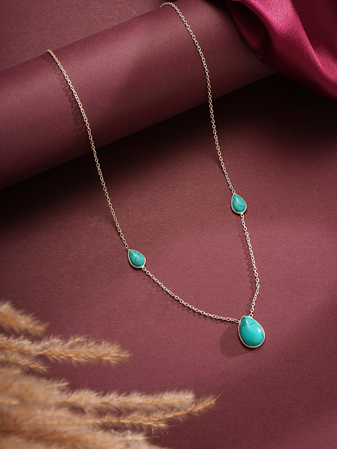 925 Sterling Silver Turquoise Teardrop Stone Studded Minimal Boho Necklace & Chain