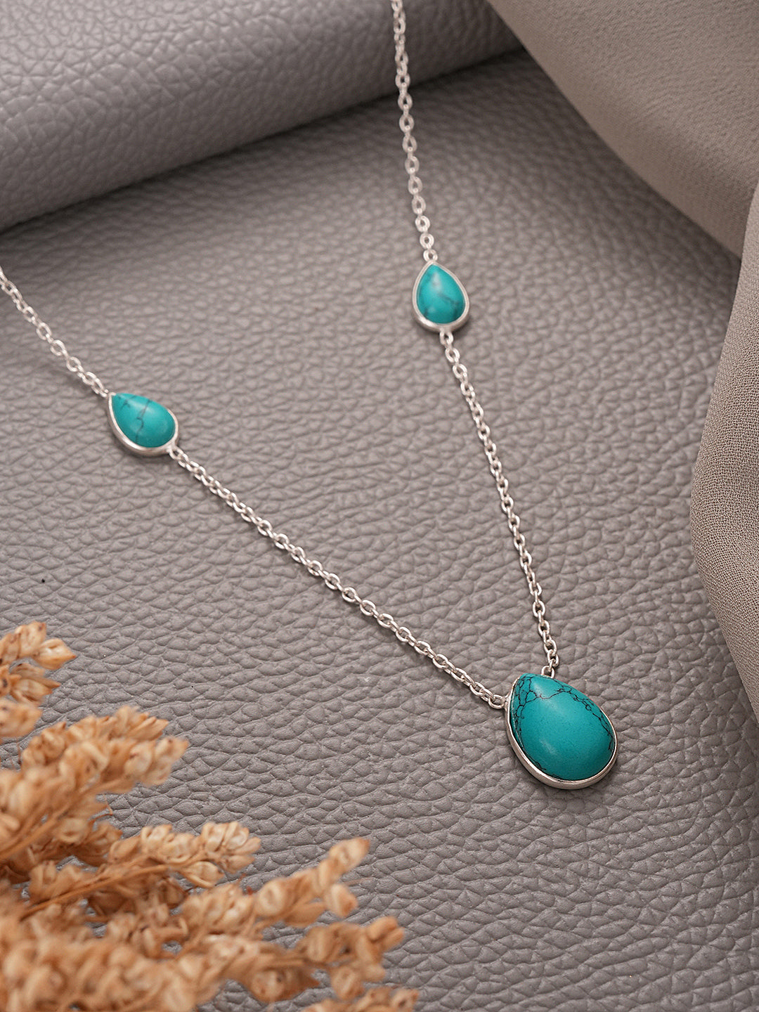 925 Sterling Silver Turquoise Teardrop Stone Studded Minimal Boho Necklace & Chain
