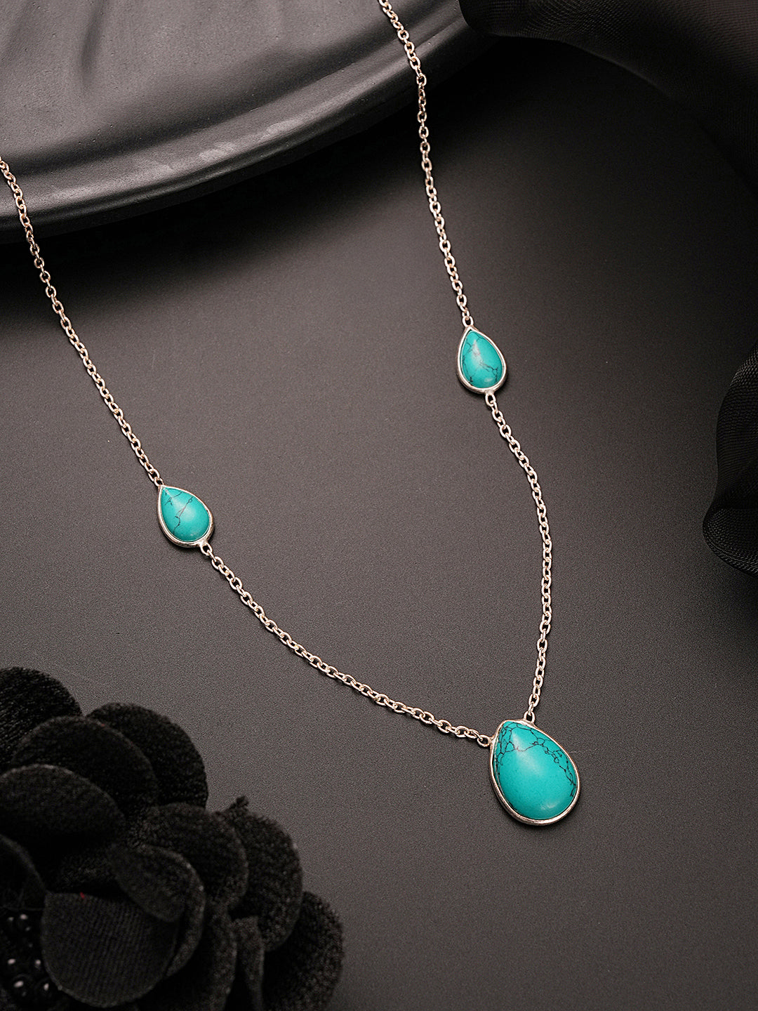 925 Sterling Silver Turquoise Teardrop Stone Studded Minimal Boho Necklace & Chain
