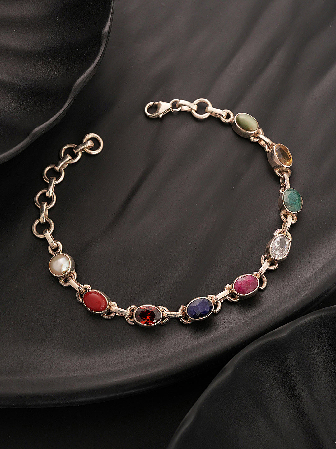 925 Silver Navratna  Natural Gemstones Studded Handmade Minimal Delicate Charms Adjustable Bracelet