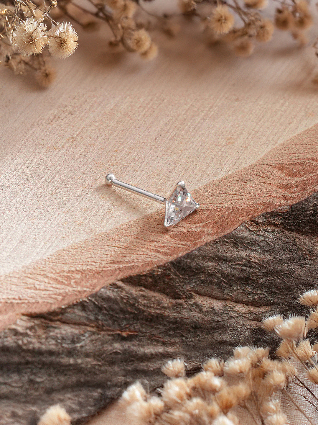 925 Sterling Silver Triangle Shaped AD Embellished Solitaire Shiny Nose Pin