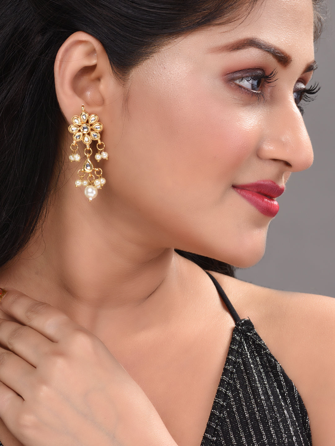 Gold Plated Kundan Studded Floral Paan Earrings
