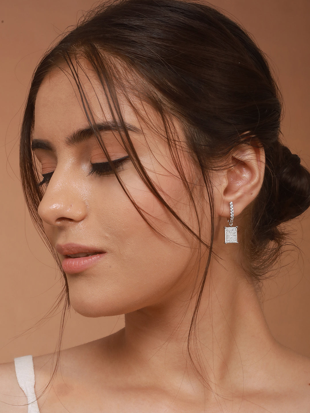 925 Sterling Silver Rhodium Plated Square Drop Bali Hoop Earrings