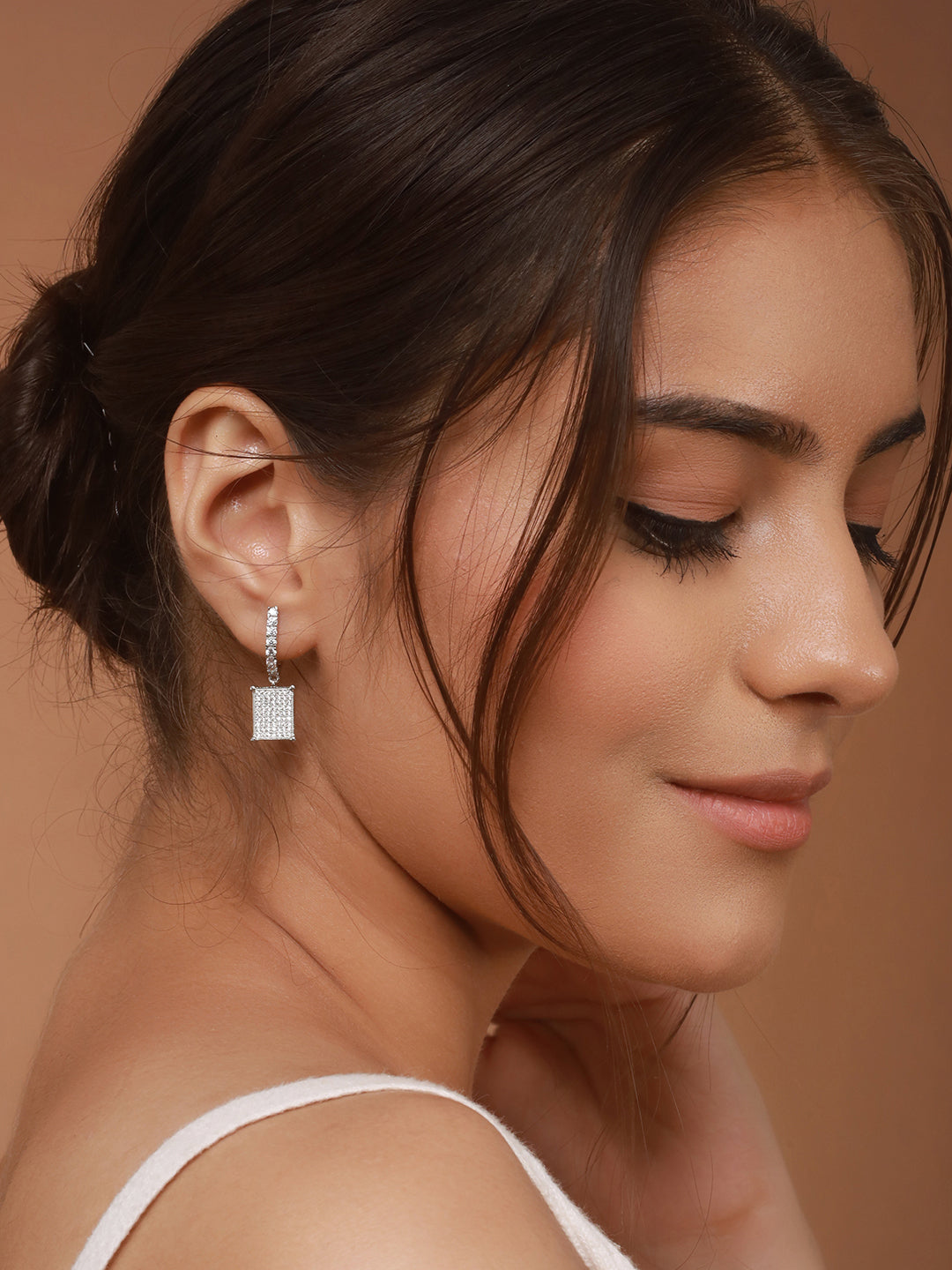 925 Sterling Silver Rhodium Plated Square Drop Bali Hoop Earrings