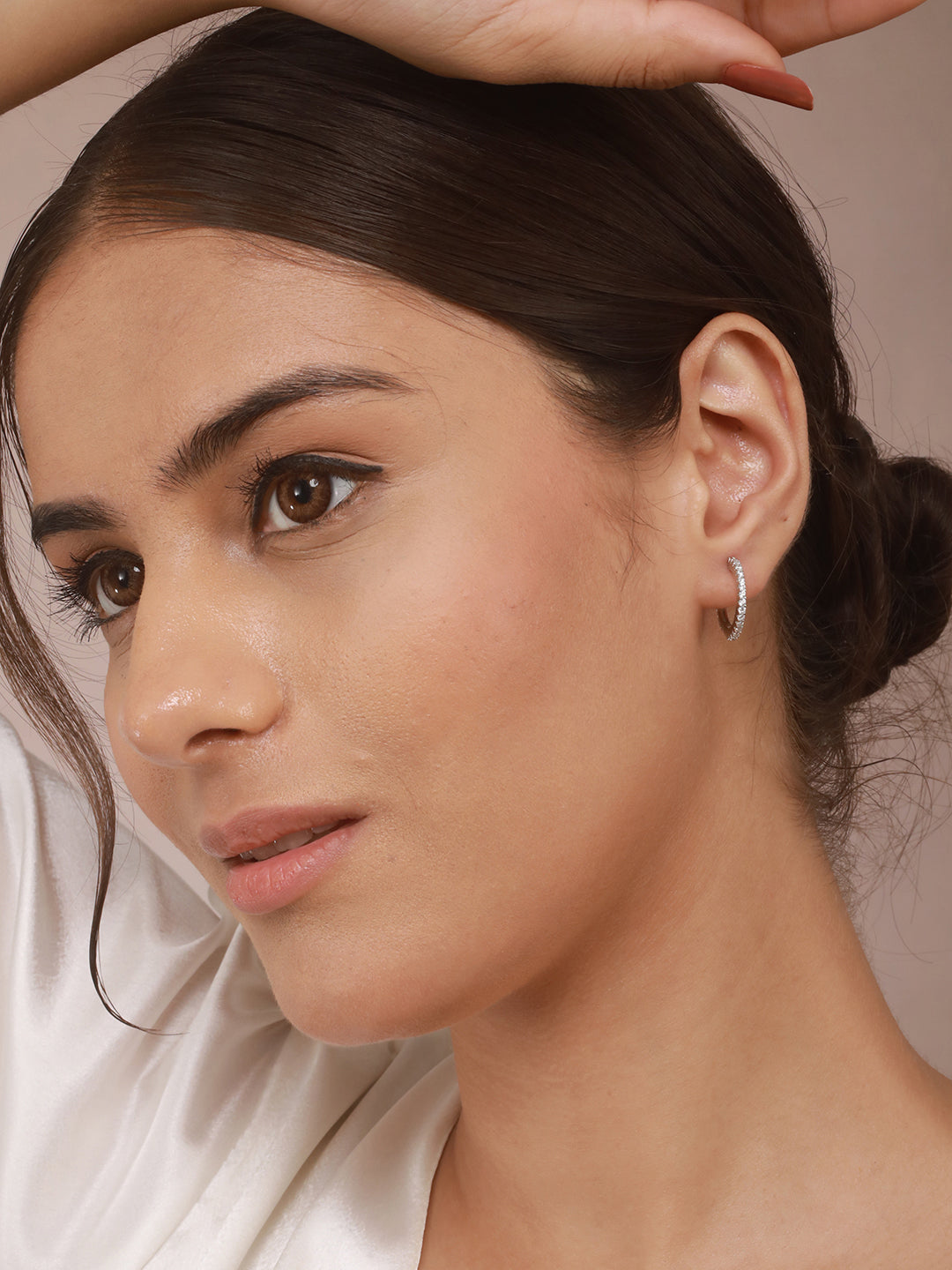 925 Sterling Silver Rhodium Plated  CZ Studded Classic Hoop Earrings