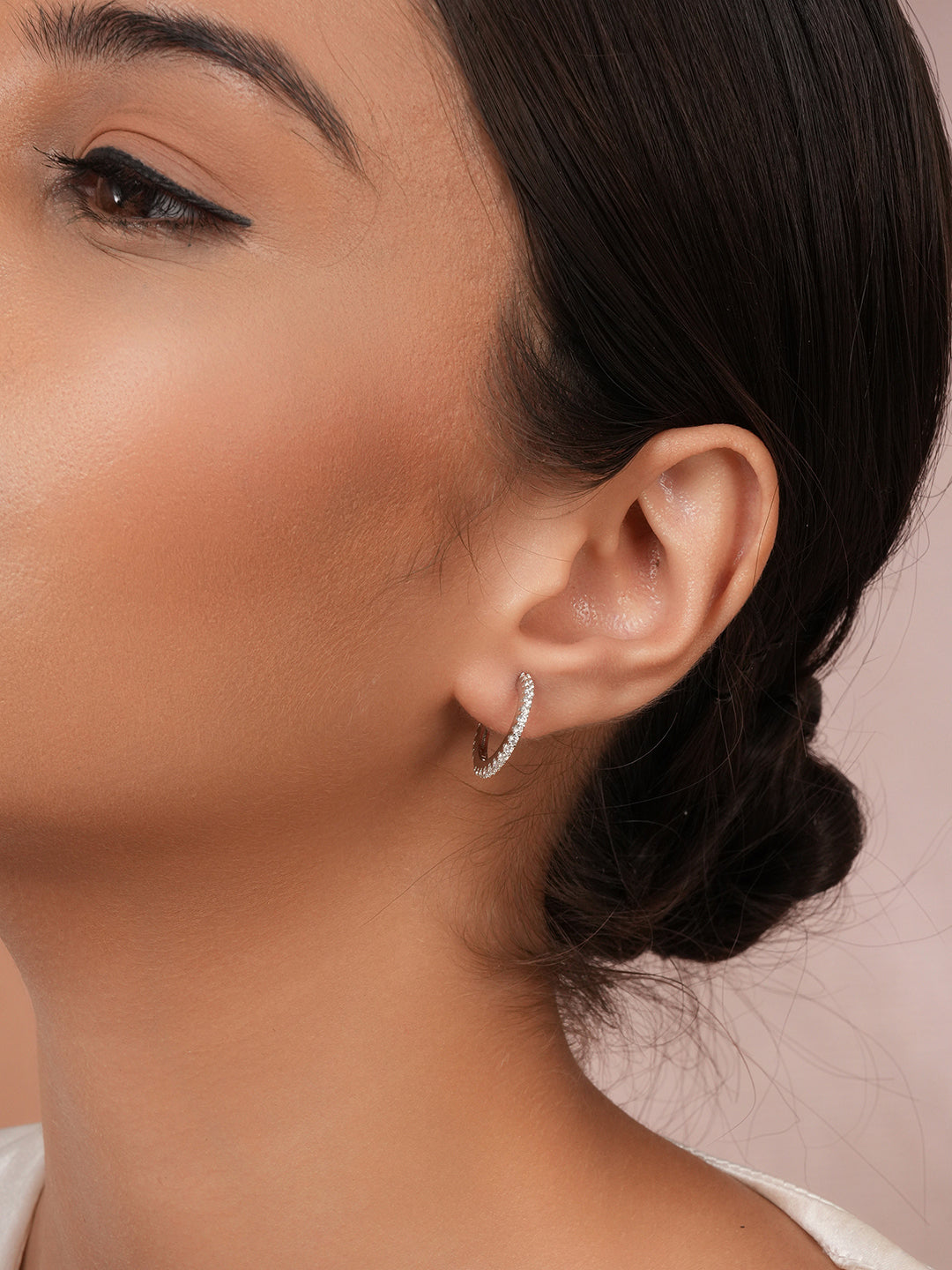 925 Sterling Silver Rhodium Plated  CZ Studded Classic Hoop Earrings