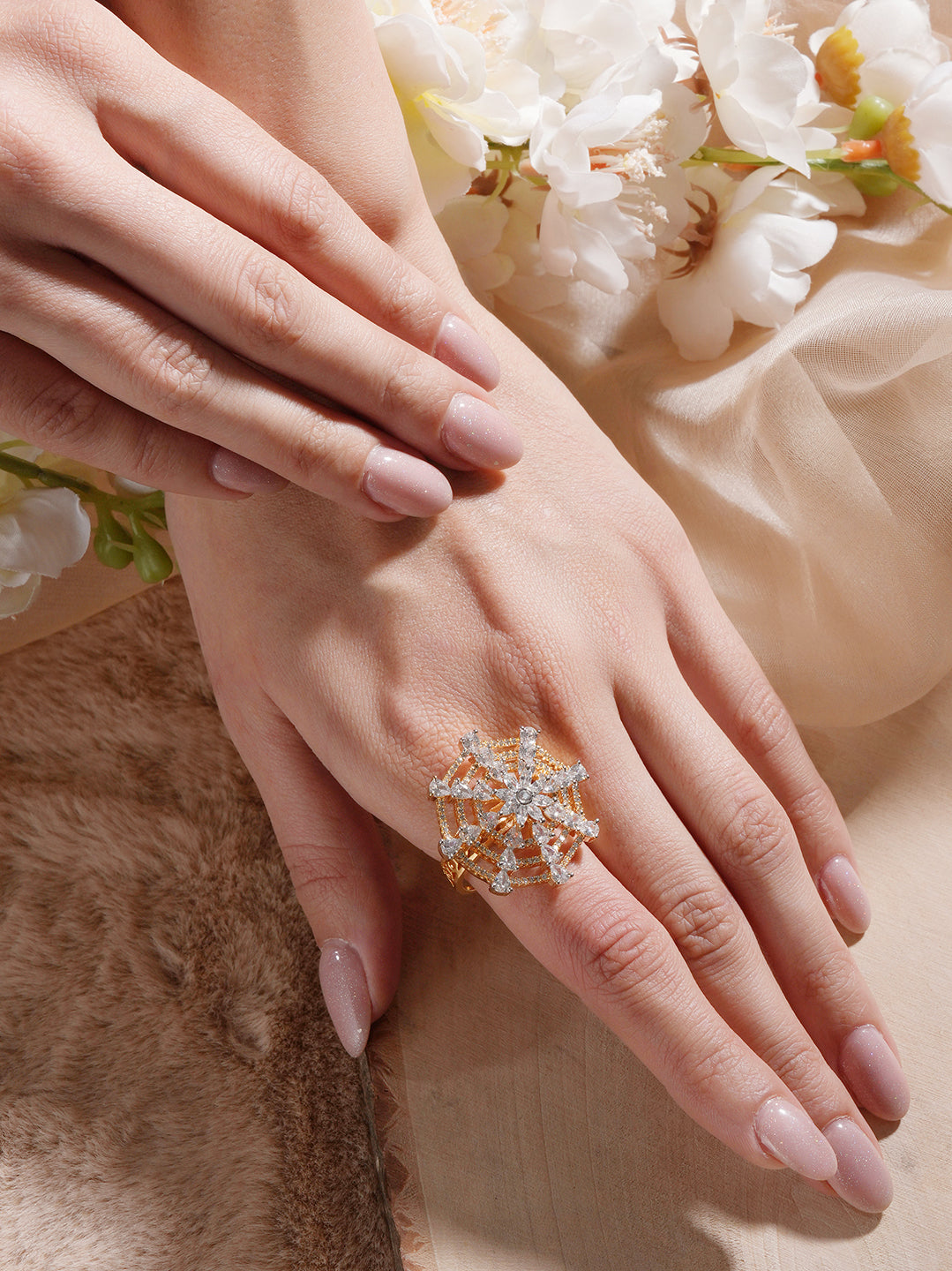 Gold Plated Zircon  Studded 3 D Effect Adjustable Cocktail Finger Ring