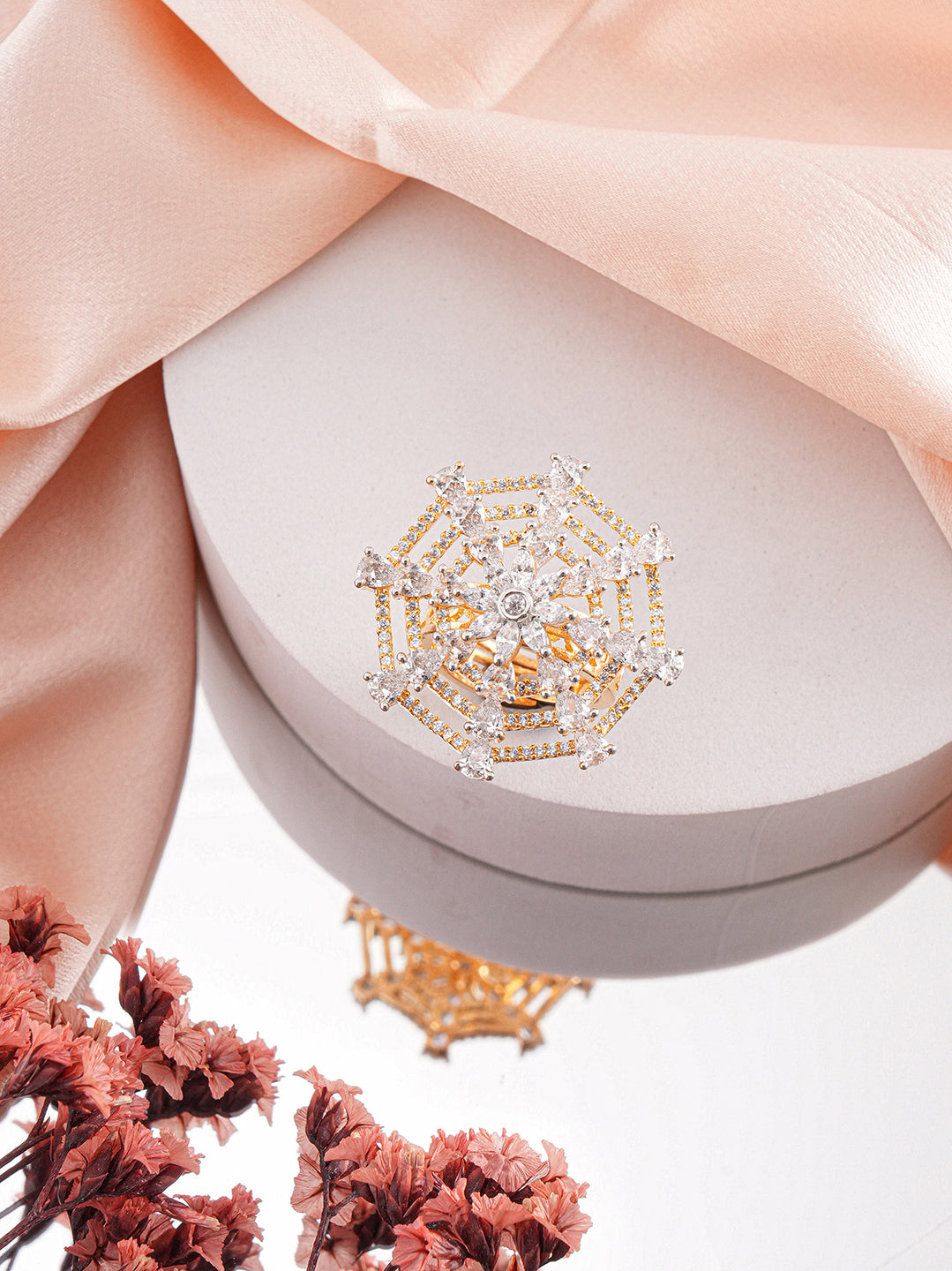 Gold Plated Zircon  Studded 3 D Effect Adjustable Cocktail Finger Ring