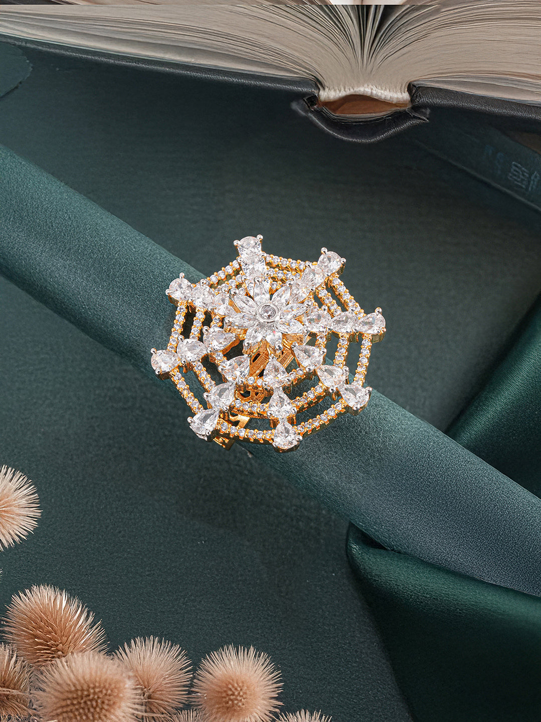 Gold Plated Zircon  Studded 3 D Effect Adjustable Cocktail Finger Ring