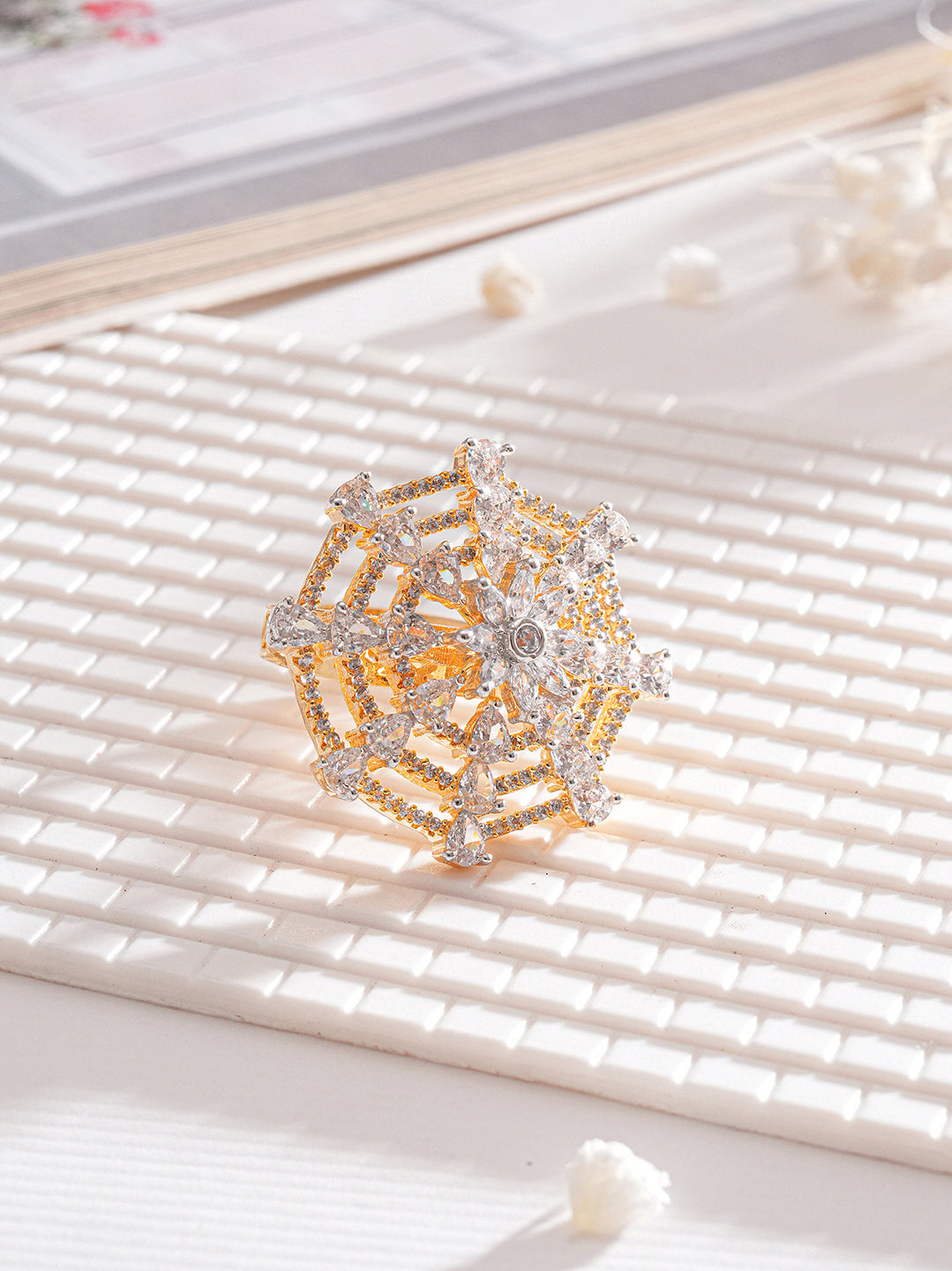 Gold Plated Zircon  Studded 3 D Effect Adjustable Cocktail Finger Ring