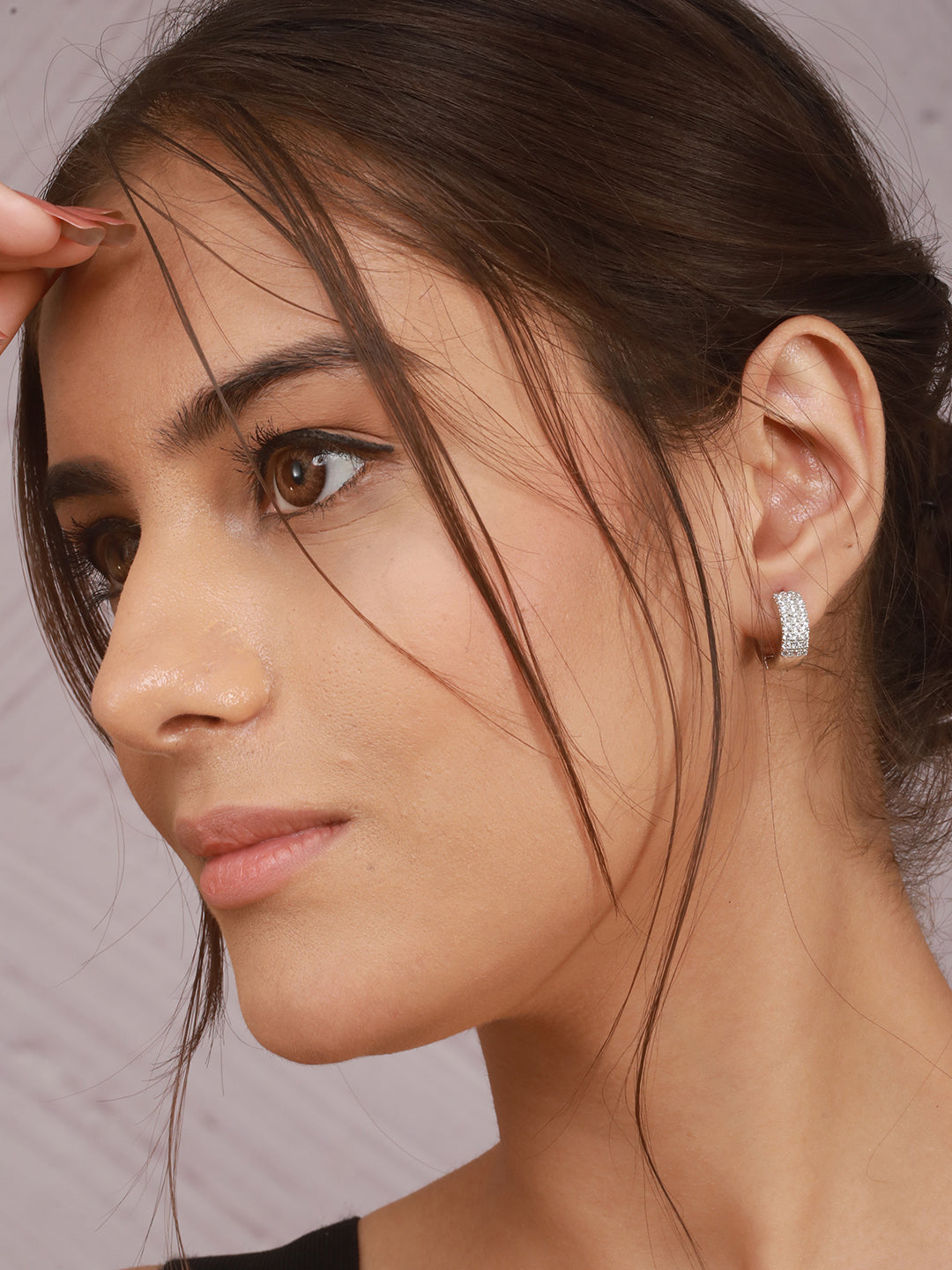 925 Sterling Silver Rhodium Plated  CZ Studded Small  Hoop Earrings