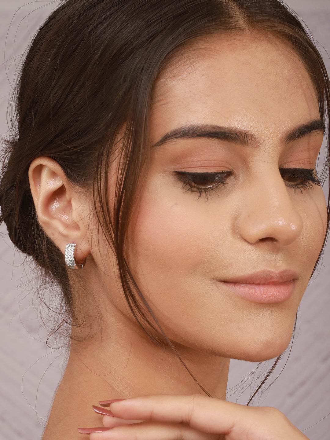 925 Sterling Silver Rhodium Plated  CZ Studded Small  Hoop Earrings