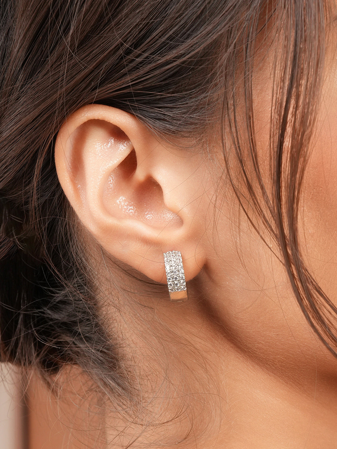 925 Sterling Silver Rhodium Plated  CZ Studded Small  Hoop Earrings