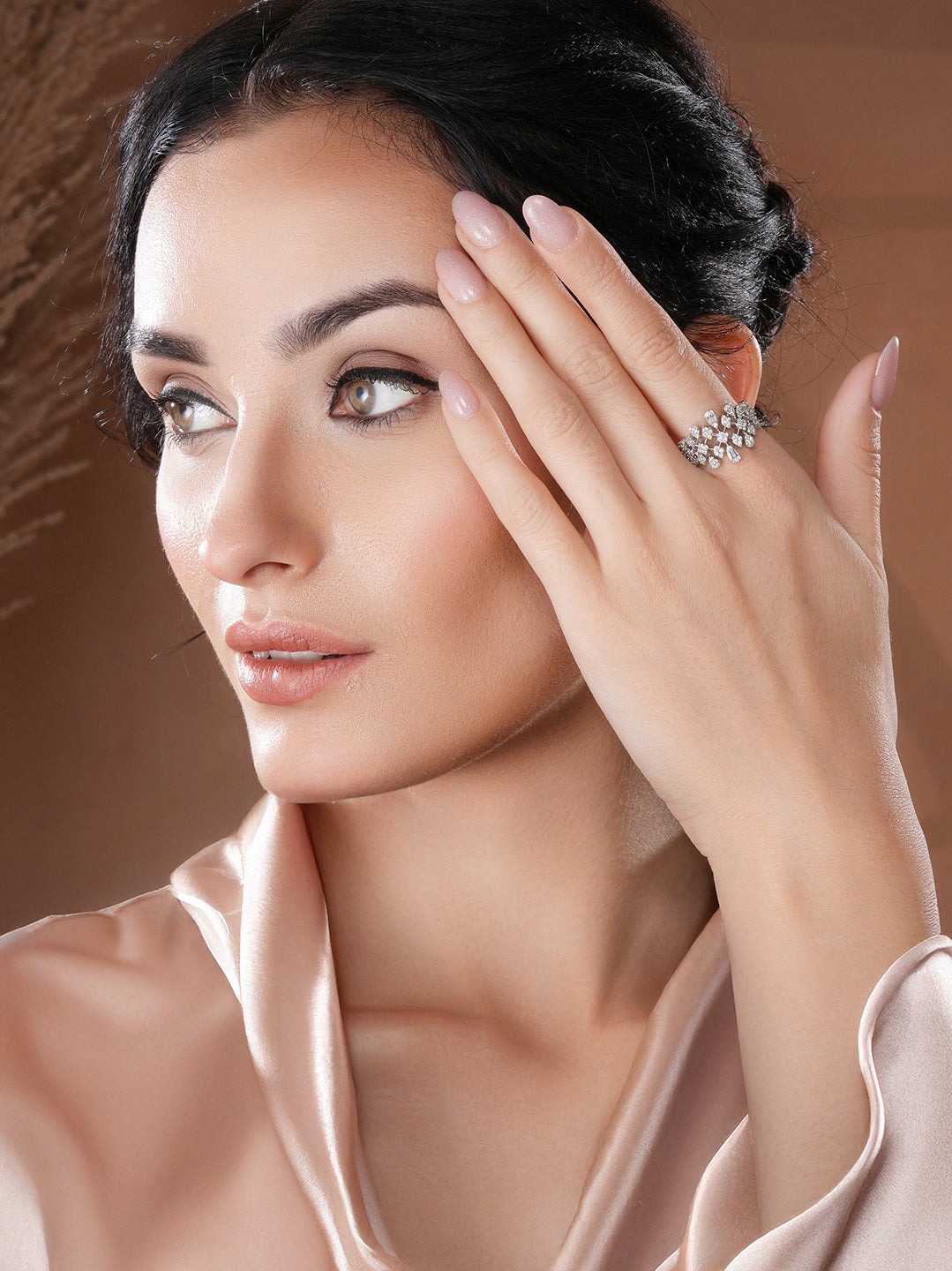 White Rhodium Plated Marquise Shaped  Zircon Studded Floral Designer Cocktail Anniversary  Finger Ring