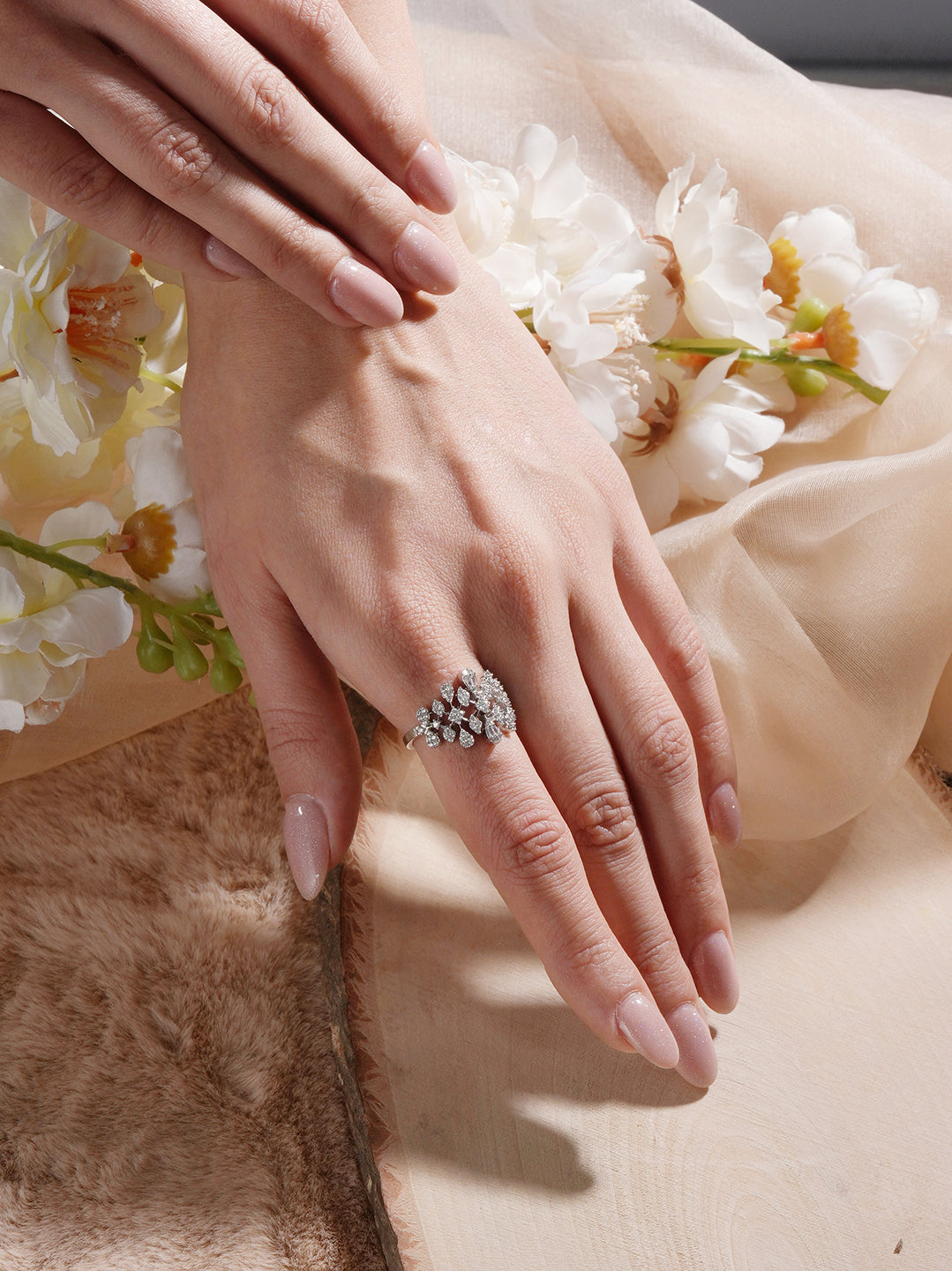 White Rhodium Plated Marquise Shaped  Zircon Studded Floral Designer Cocktail Anniversary  Finger Ring